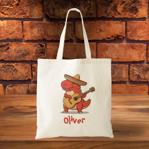 Feestelijke rode dinosaurus met Sombrero & Gitaar Tote Bag