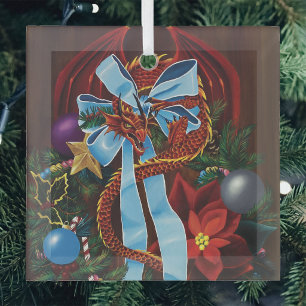 Feestelijke Rode Draak Blauwe Lint Kerstkrans Glas Ornament
