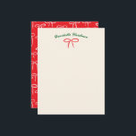 Feestelijke Rode Eenvoudige Boog In Naam Persoonli Notitiekaartje<br><div class="desc">Een patroon van eenvoudige en zoete handgetekende bogen op feestelijke kersenrood geven deze platte persoonlijke briefkaart een zorgeloze en vrolijke lucht,  perfect voor de winter vakantie correspondentie en post-kerst bedankbriefjes of als gastvrouw cadeau. Personaliseer de bosgroene naamtekst met uw eigen bericht of naam voor een echt aangepast geschenk.</div>