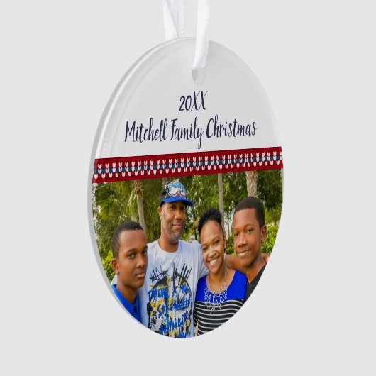 Feestelijke rode en blauwe familie foto geheugen K Ornament (voorkant)