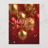 Feestelijke rode en gouden ballon verjaardagsfeest briefkaart (Voorkant)