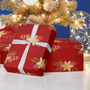 Feestelijke rode en gouden folie winter poinsettia cadeaupapier