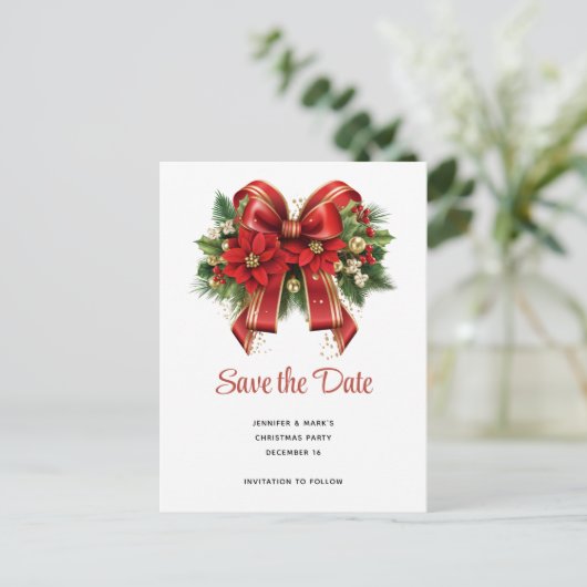 Feestelijke Rode en Gouden Kerstmis Boog Save the  Uitnodiging Briefkaart (Staand voorkant)