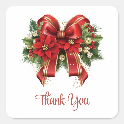 Feestelijke Rode en Gouden Kerstmis Bow Dank U Vierkante Sticker (Voorkant)