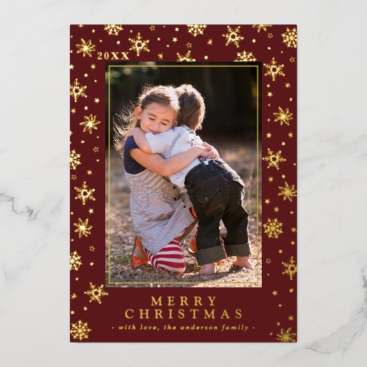 Feestelijke Rode en Gouden Klassieke Stijl Kerstfo Folie Feestdagenkaart (Voorkant)