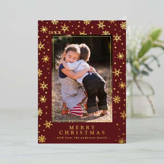 Feestelijke Rode en Gouden Klassieke Stijl Kerstfo Folie Feestdagenkaart (Staand Voorkant)