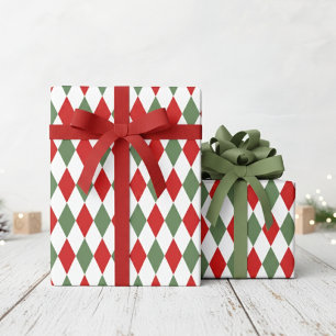 Feestelijke Rode en Groene Argyle Diamanten Kerstm Cadeaupapier