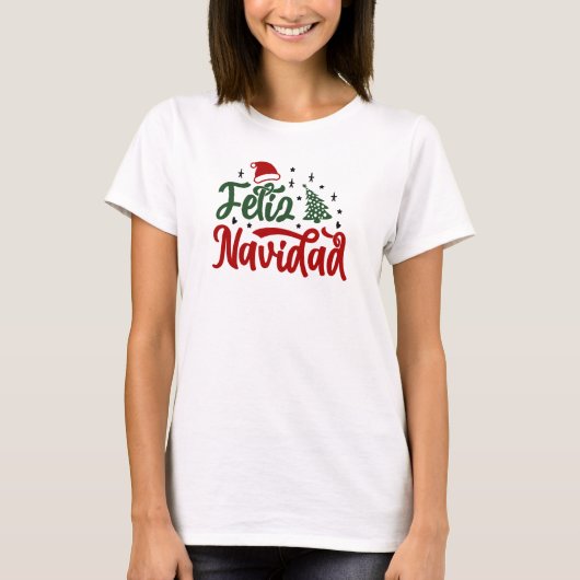 Feestelijke rode en groene Feliz Navidad T-shirt (Voorkant)