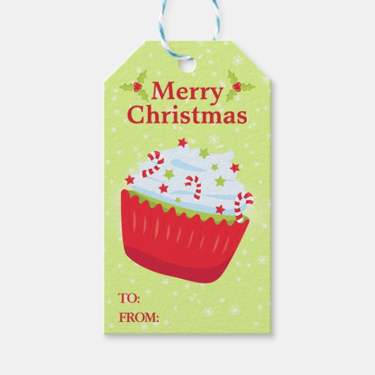 Feestelijke rode en groene kerstcupcake cadeaulabel (Voorkant)