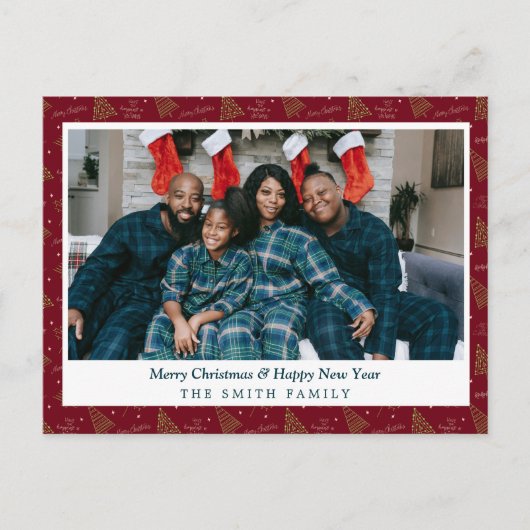 Feestelijke rode en groene kerstgroeten met foto feestdagenkaart (Voorkant)