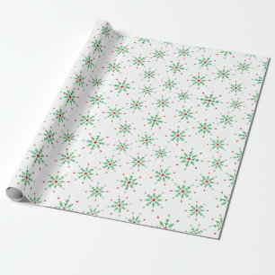 Feestelijke Rode en Groene Sneeuwvlok Wit Naadloos Cadeaupapier