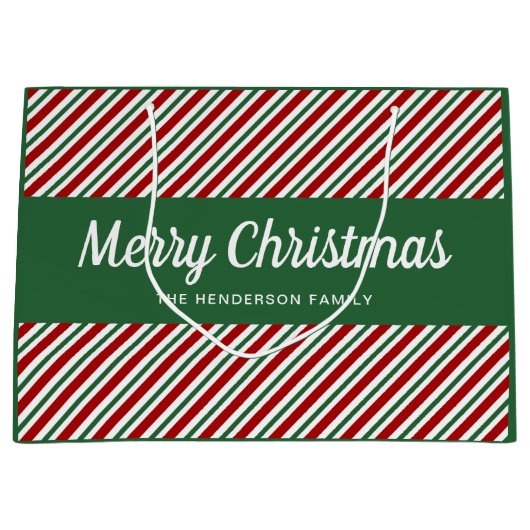 Feestelijke rode en groene strepen Vrolijk Kerstfe Groot Cadeauzakje (Voorkant)