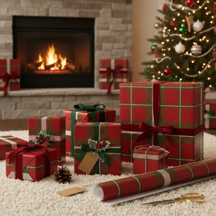 Feestelijke rode en groene tartan cadeaupapier