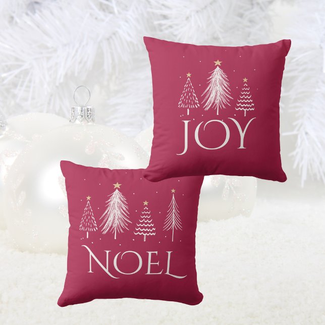 Feestelijke rode en witte kerstbomen JOY NOEL Kussen (Festive Red and White Christmas Trees JOY NOEL Throw Pillow)