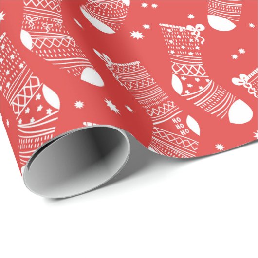 Feestelijke rode en witte kerstkousen patroon cadeaupapier (Rol Hoek)