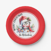 Feestelijke rode en witte Schattigee pinguïn Vroli Papieren Bordje (Voorkant)