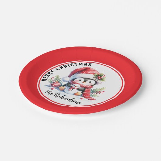 Feestelijke rode en witte Schattigee pinguïn Vroli Papieren Bordje (Gekanteld)