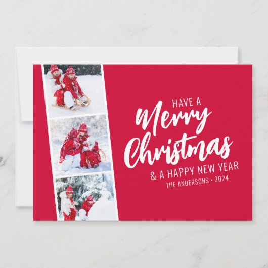 Feestelijke rode fotostrip Vrolijk kerstfeest Feestdagenkaart (Voorkant)