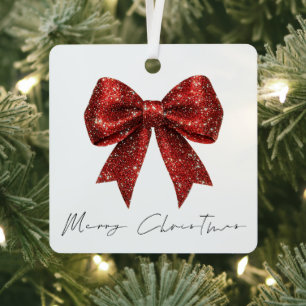 Feestelijke Rode Glitter Coquette Bow Vrolijk Kers Metalen Ornament