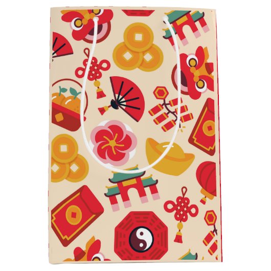 Feestelijke rode gouden Chinese Nieuwjaarssymbolen Medium Cadeauzakje (Voorkant)