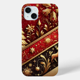 FEESTELIJKE RODE & GOUDEN KERSTBOMEN HOLLY iPhone 15 MINI HOESJE