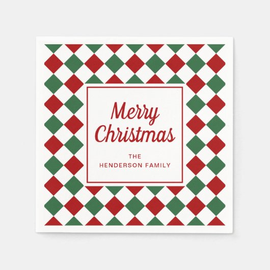 Feestelijke rode groene cheques Vrolijk Kerstfeest Servet (Voorkant)