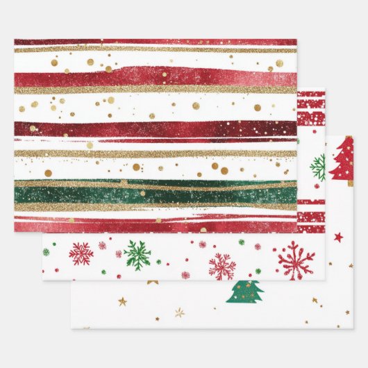 Feestelijke rode, groene en gouden kerst inpakpapier vel (Set)