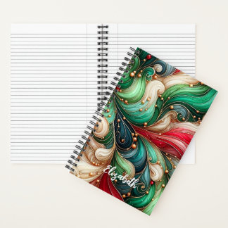 Feestelijke Rode Groene Gouden Inkt Swirl Aangepas Notitieboek
