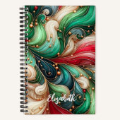 Feestelijke Rode Groene Gouden Inkt Swirl Aangepas Notitieboek (Voorkant)