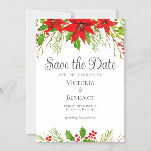 Feestelijke rode groene kerst botanische bruiloft magnetische uitnodiging (Voorkant)