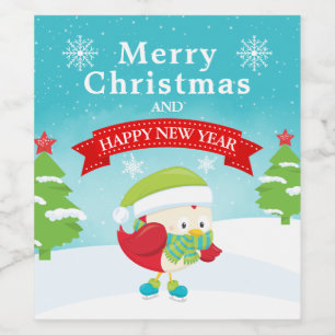 Feestelijke Rode & Groene Kerstvogel Wijn Etiket