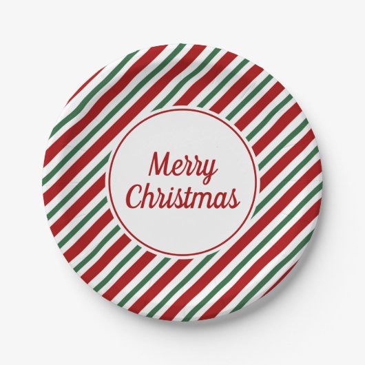 Feestelijke rode groene strepen Vrolijk kerstfeest Papieren Bordje (Voorkant)