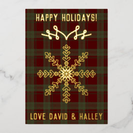 Feestelijke rode groene tartan vet sneeuwvlok kers folie feestdagenkaart