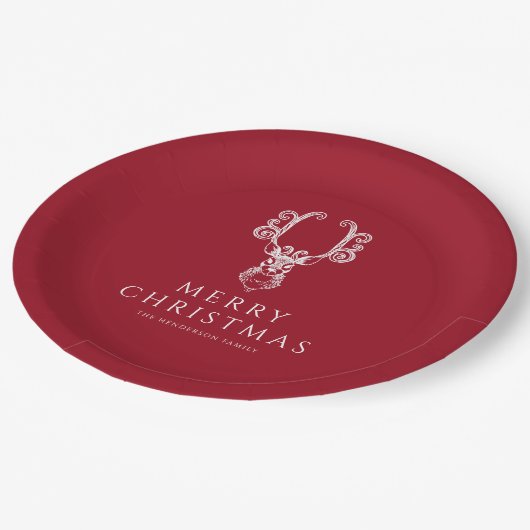 Feestelijke rode hert vrolijk kerstfeest papieren bordje (Gekanteld)