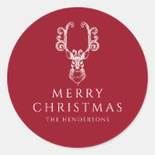 Feestelijke rode hert vrolijk kerstfeest ronde sticker (Voorkant)