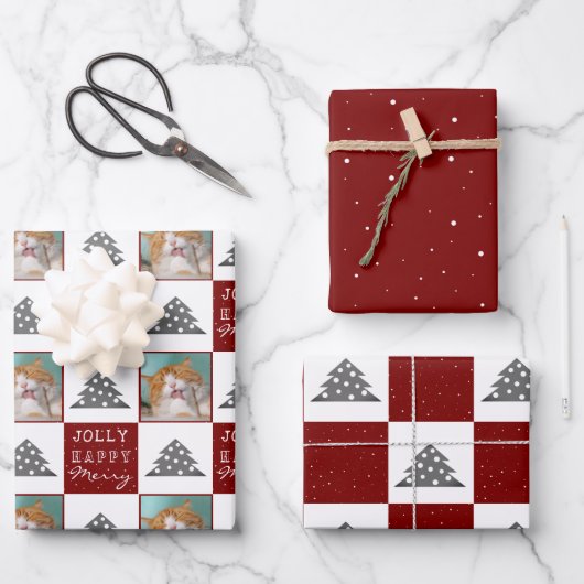 Feestelijke rode huisdier foto kerstboom inpakpapier vel (Voorkant)