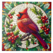 Feestelijke rode kardinaal Glas in lood Art Tegeltje (Voorkant)