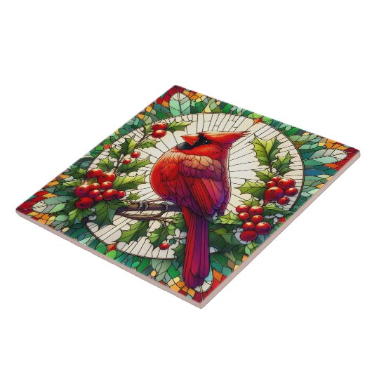 Feestelijke rode kardinaal Glas in lood Art Tegeltje (Zijkant)