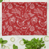 Feestelijke rode kardinaal vogel, pijnboom en wint theedoek (Gevouwen)