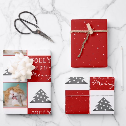 Feestelijke Rode Kat Foto Kerstboom Inpakpapier Vel (Voorkant)