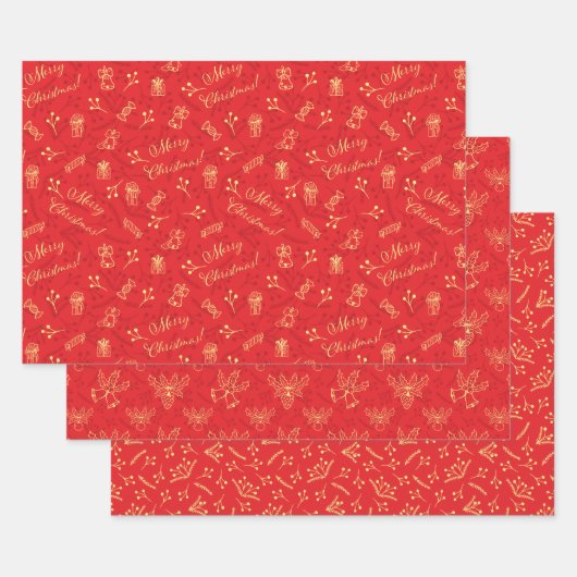 Feestelijke Rode Kerst 3 Patronen Feestdagen Gift Inpakpapier Vel (Set)