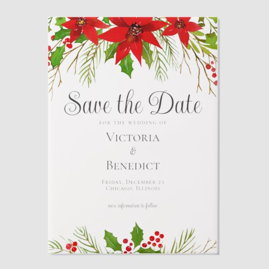 Feestelijke Rode Kerst Botanische Save the Date Vellum Uitnodigingen (Voorkant)