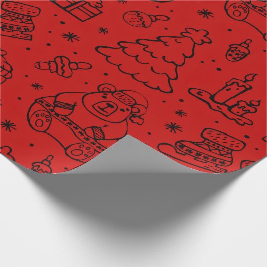 Feestelijke rode kerst doedel patroon cadeaupapier (Hoek)