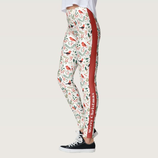 Feestelijke Rode Kerst Holly Berries Groene Vogels Leggings (Links)