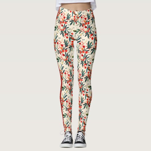 Feestelijke rode kerst Holly bessen Leggings (Voorkant)