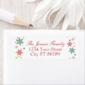 Feestelijke rode kerst sneeuwvlokken retouradres etiket (Insitu)