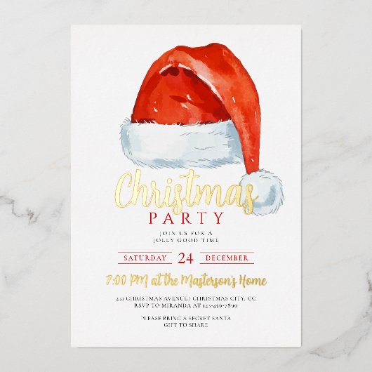 Feestelijke rode kerstmuts kerstfeest folie uitnodiging (Voorkant)