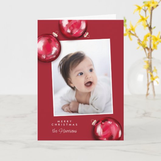 Feestelijke rode kerstversiering Foto Kaart (Gele Bloem)