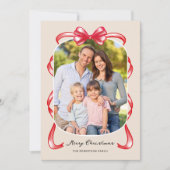 Feestelijke rode lint boog gebogen 2 foto kerst feestdagenkaart (Voorkant)
