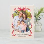 Feestelijke rode lint boog gebogen 2 foto kerst feestdagenkaart (Staand voorkant)